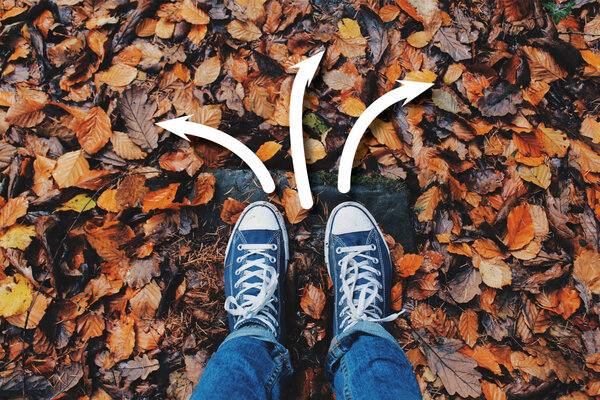 Visuel "que faire après la licence", photo de pieds et 3 flèches qui vont dans des directions différentes | INSPE