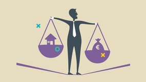 Visuel graphique de la conférence, représentant un homme "balance" essayant d'équilibrer logement et finances | Crédit : Casden BP Visuel graphique de la conférence, représentant un homme "balance" essayant d'équilibrer logement et finances | Crédit : Casden BP